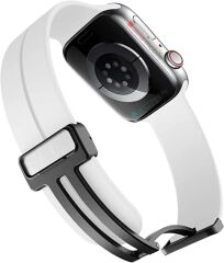 Apple Watch Ultra 49 mm uyumlu Silikon Kordon Magnetik D Tokalı Spor Kayış Mıknatıslı Toka Beyaz