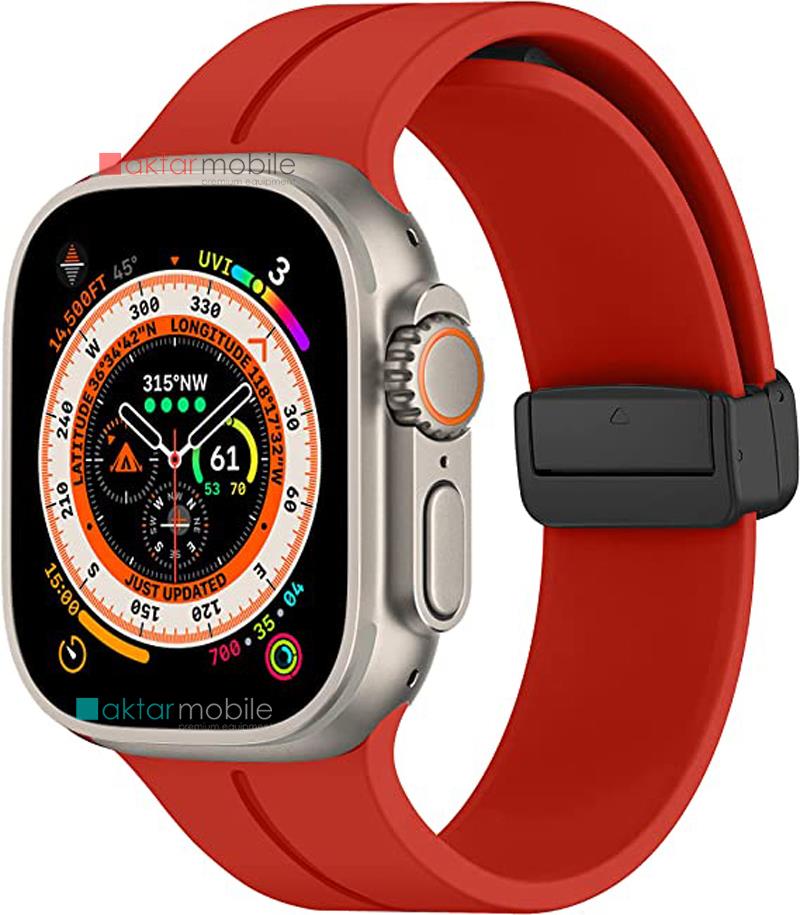 Apple Watch Ultra 49 mm uyumlu Silikon Kordon Magnetik D Tokalı Spor Kayış Mıknatıslı Toka Kırmızı