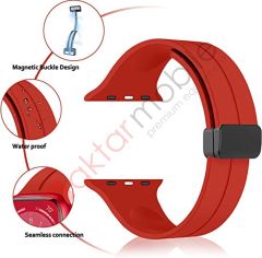 Apple Watch Ultra 49 mm uyumlu Silikon Kordon Magnetik D Tokalı Spor Kayış Mıknatıslı Toka Kırmızı