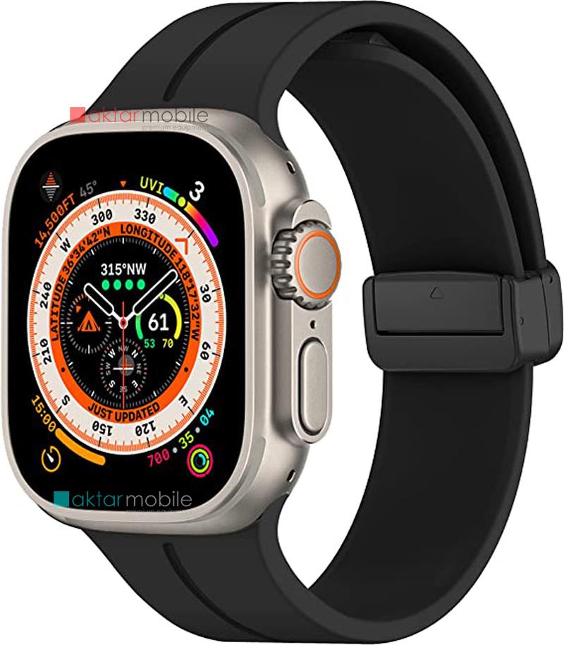 Apple Watch Ultra 49 mm uyumlu Silikon Kordon Magnetik D Tokalı Spor Kayış Mıknatıslı Toka Siyah