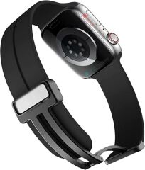 Apple Watch Ultra 49 mm uyumlu Silikon Kordon Magnetik D Tokalı Spor Kayış Mıknatıslı Toka Siyah