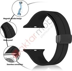 Apple Watch Ultra 49 mm uyumlu Silikon Kordon Magnetik D Tokalı Spor Kayış Mıknatıslı Toka Siyah