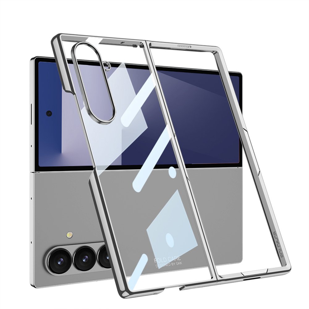 Galaxy Z Fold 7 uyumlu Kılıf Cam Arka Kapak Kamera Korumalı Metalik Kenarlı Premium Glitter Gümüş