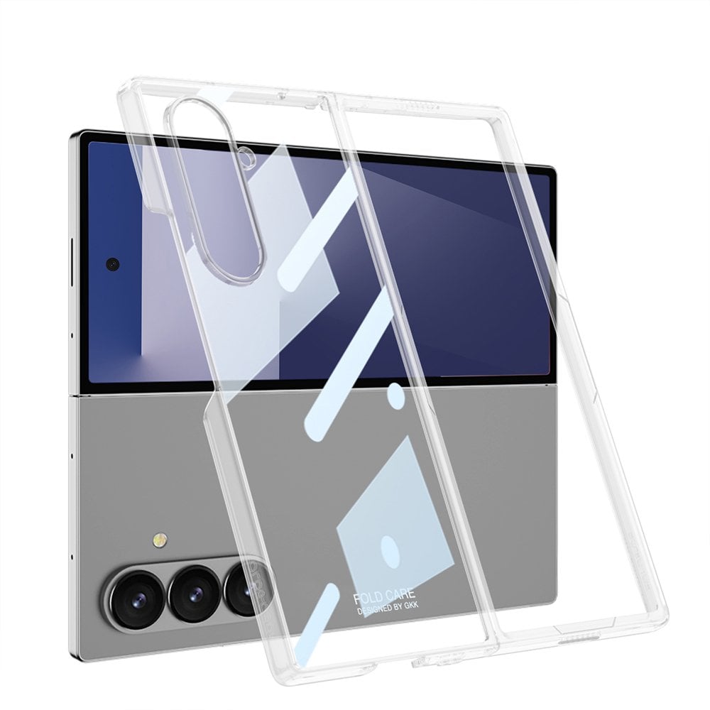 Galaxy Z Fold 7 uyumlu Kılıf Cam Arka Kapak Kamera Korumalı Metalik Kenarlı Premium Glitter Şeffaf