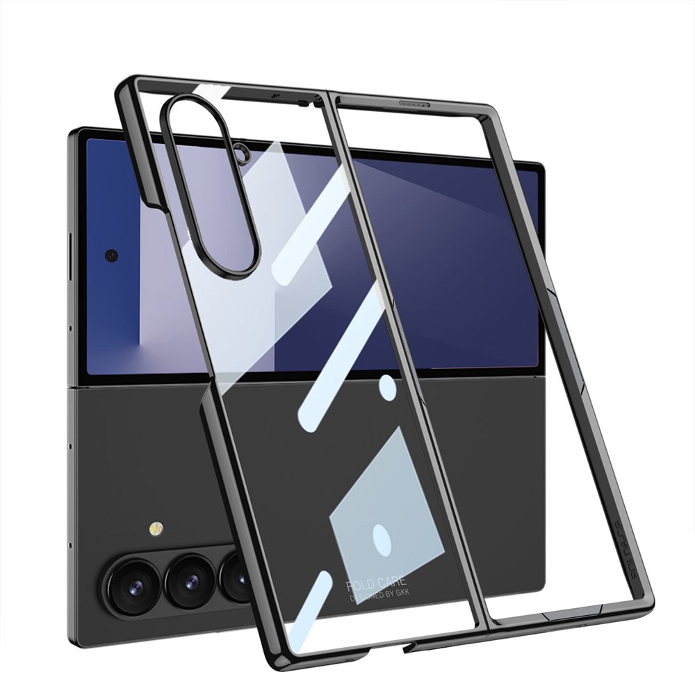Galaxy Z Fold 7 uyumlu Kılıf Cam Arka Kapak Kamera Korumalı Metalik Kenarlı Premium Glitter Siyah
