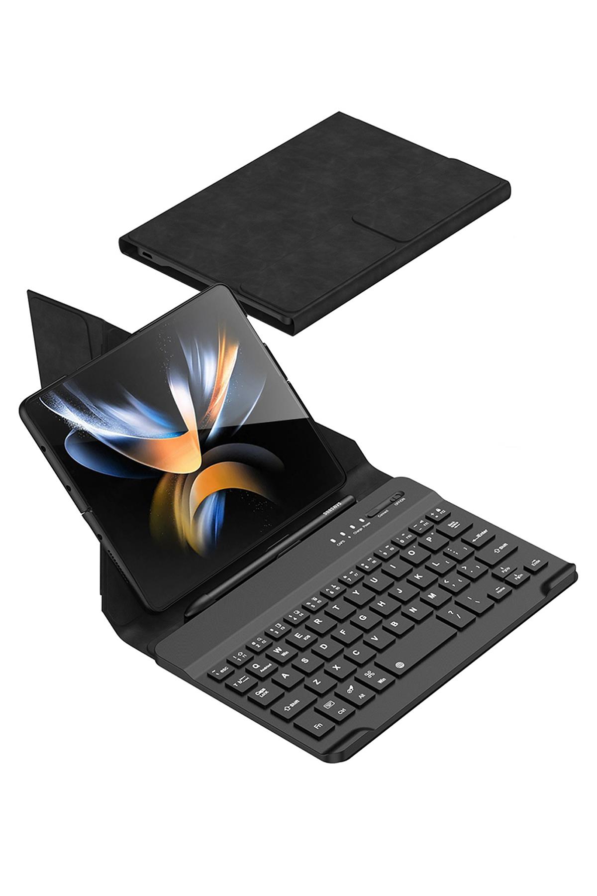 Samsung Galaxy Z Fold 4 uyumlu Klavyeli Kılıf Bluetooth Keyboard Set Standlı Kalem Bölmeli