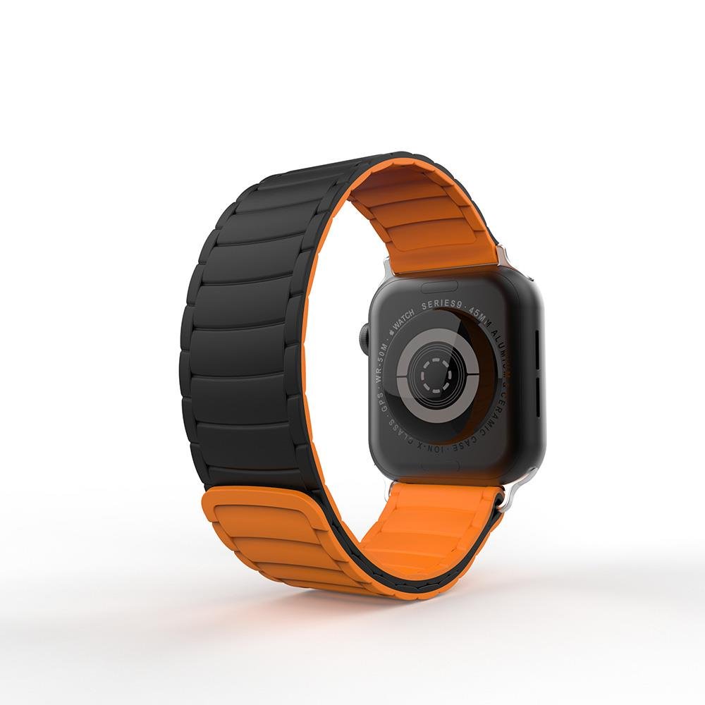 Apple Watch 10 46 mm uyumlu Mıknatıslı Silikon Kordon Çift Renkli Magnetik Kayış Soft Tone Strap Siyah - Turuncu