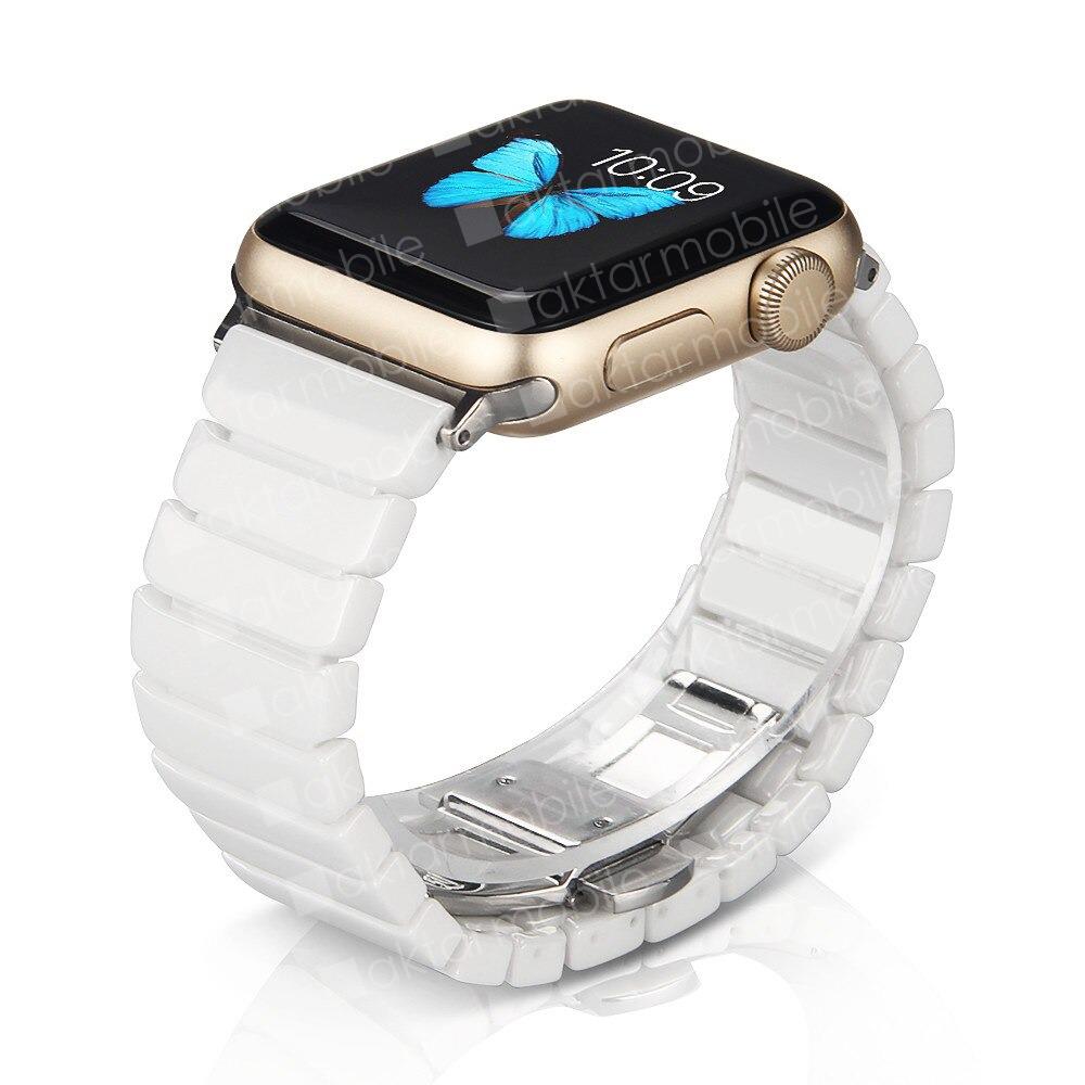 Apple Watch 7 6 SE 5 4 3 2 1 - 42 / 44 / 45 mm uyumlu Seramik Kordon Baklalı Premium Seramik Kayış Beyaz
