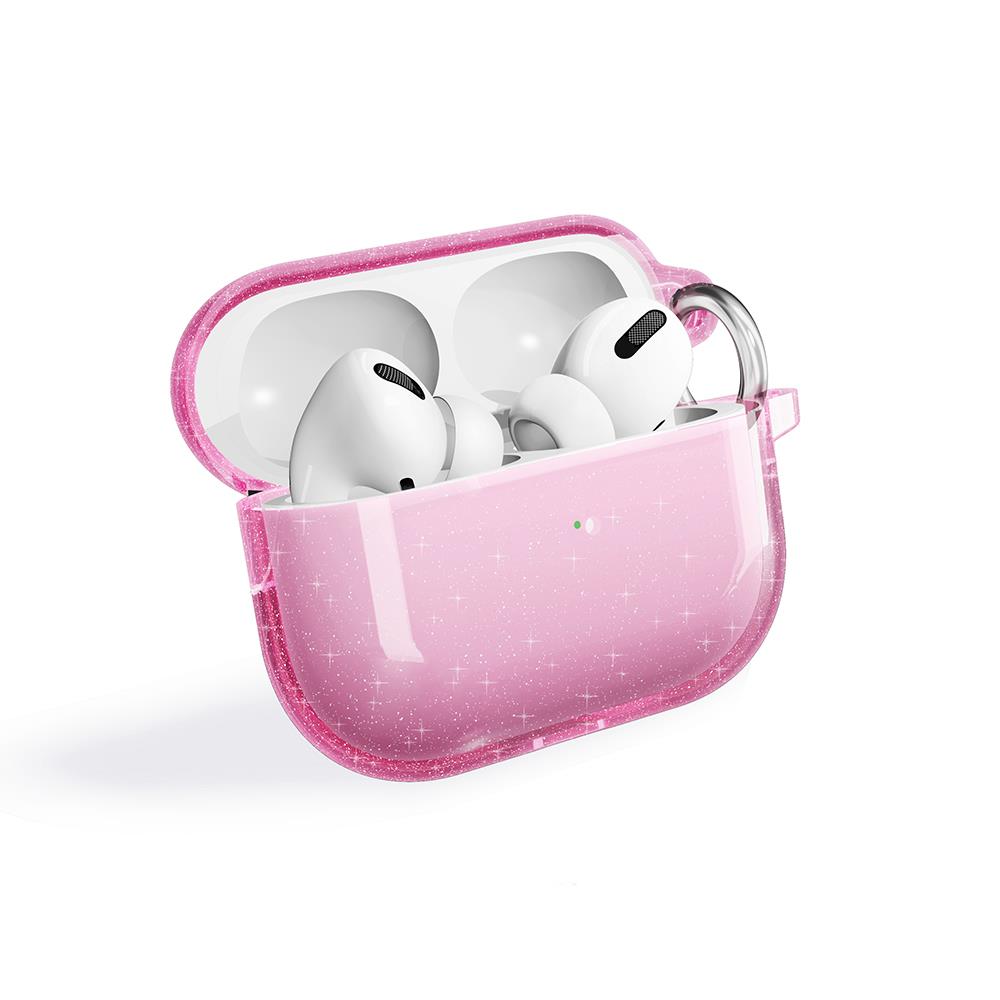 Airpods Pro 2. Nesil Uyumlu Simli Kılıf Sert Silikon Kapak Parlak Görünümlü Saydam Yapı Pembe