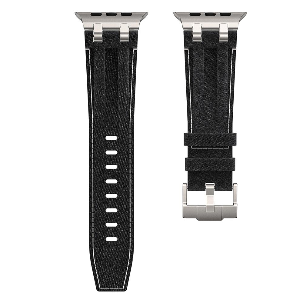 Apple Watch 6 5 4 3 2 1 SE 42 44 mm uyumlu Denim Kordon Kot Kumaş Premium Kayış Gümüş - Siyah