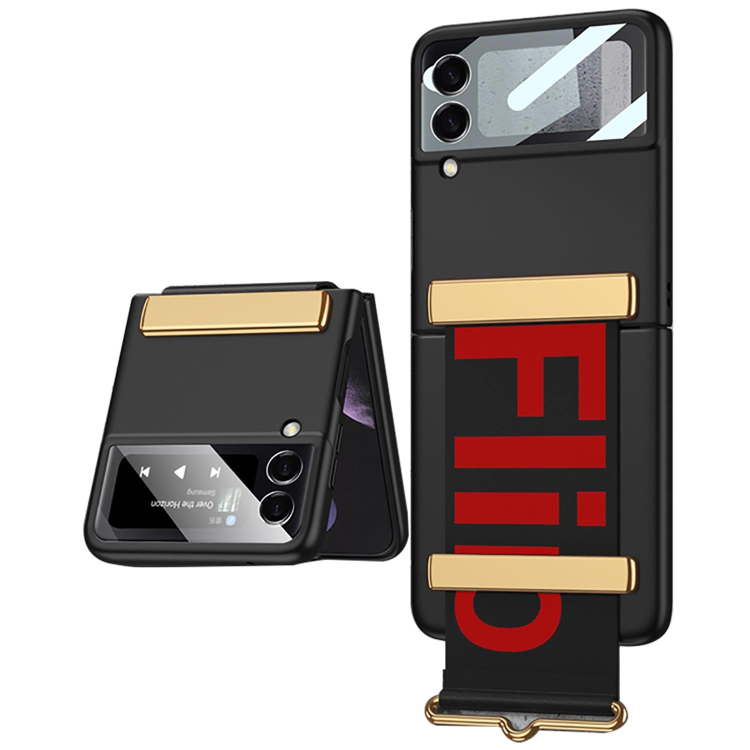 Samsung Galaxy Z Flip 3 Tasarım Kılıf Premium Kapak Flio Kayar Bantlı Metal Tokalı Tam Uyumlu