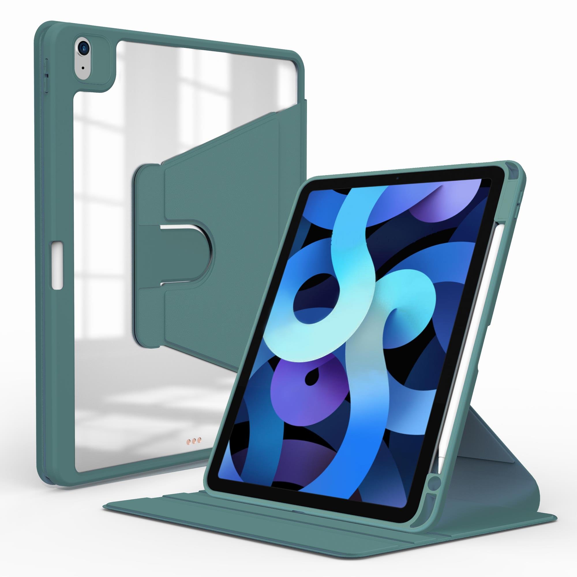 iPad Air 5. Nesil 2022 10.9'' M1 uyumlu Kılıf 360° Dönebilen Kalem Bölmeli Standlı Akıllı Kapak Koyu Yeşil