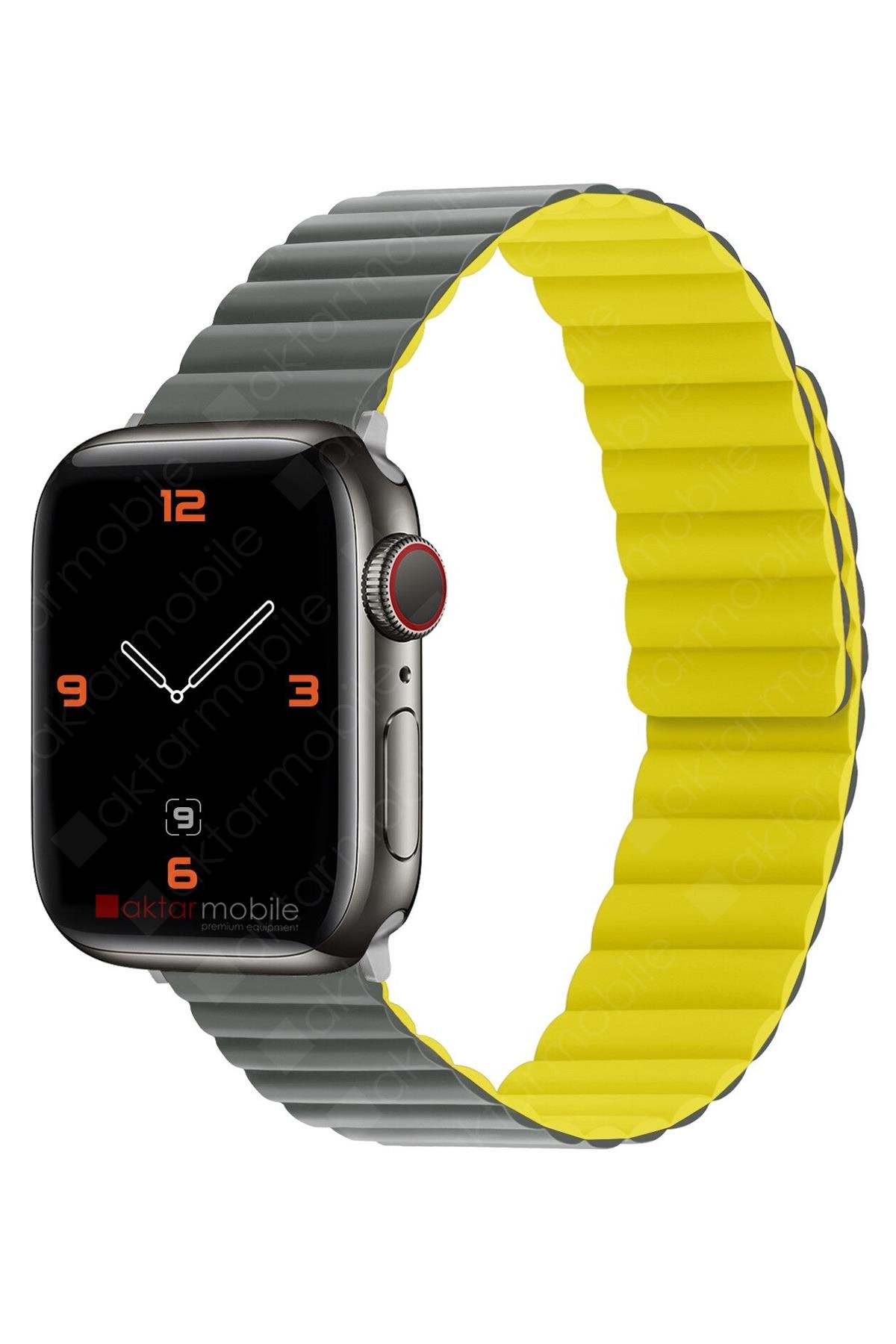 Apple Watch 8 41 mm uyumlu Magnetik Silikon Kordon Çift Renkli Mıknatıslı Premium Kayış Gri - Sarı