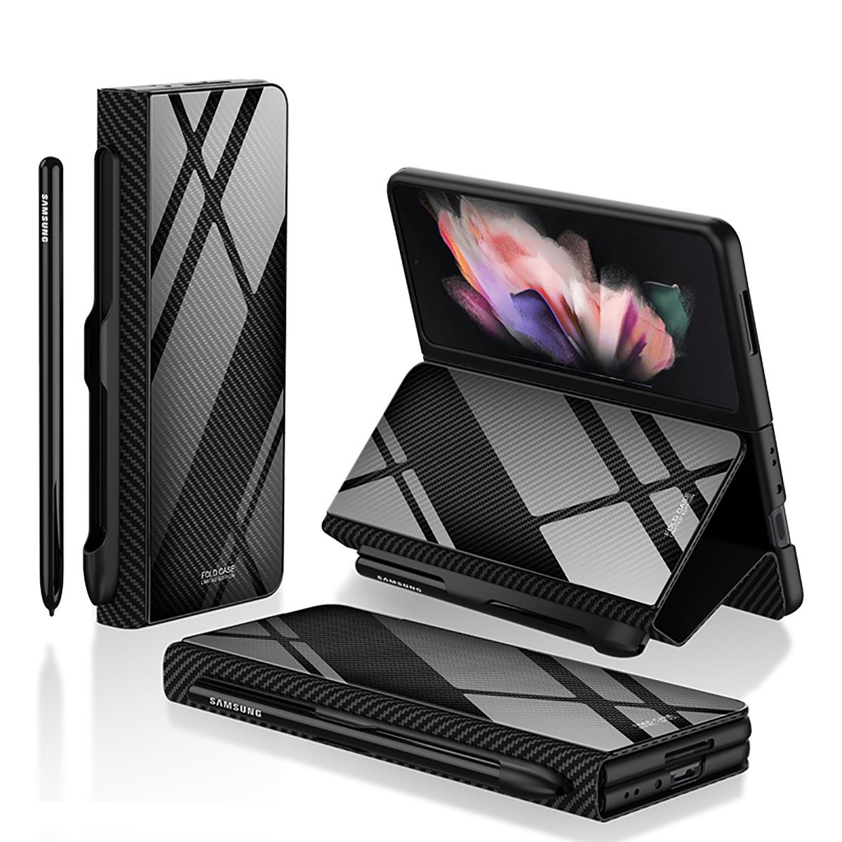Samsung Galaxy Z Fold 3 Kılıf S Pen uyumlu Kalem Bölmeli & Standlı Premium Kapak Karbon Tasarım
