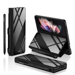 Samsung Galaxy Z Fold 3 Kılıf S Pen uyumlu Kalem Bölmeli & Standlı Premium Kapak Karbon Tasarım