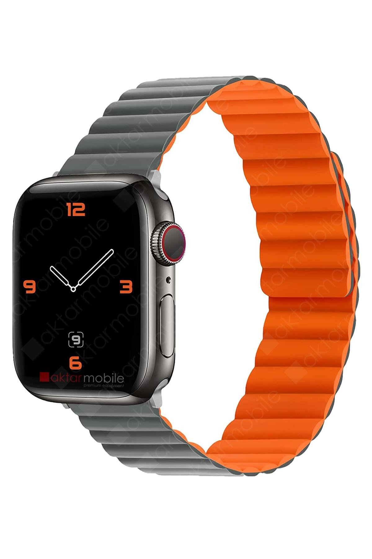 Apple Watch 8 41 mm uyumlu Magnetik Silikon Kordon Çift Renkli Mıknatıslı Premium Kayış Gri - Turuncu