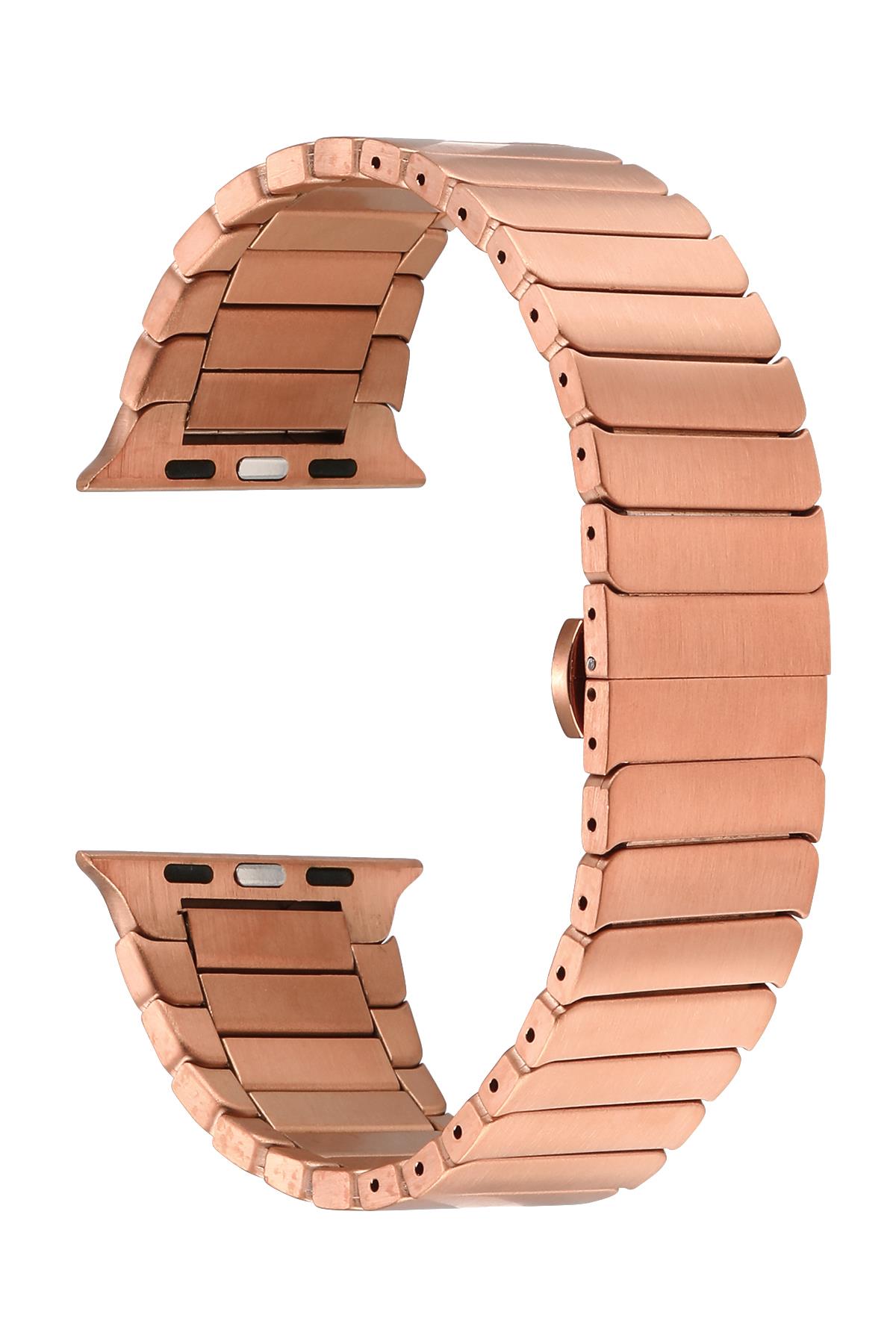 Apple Watch 7 6 SE 5 4 3 2 1 - 42 / 44 / 45 mm uyumlu Metal Kordon Baklalı Model Bilezik Çelik Kayış Rose Gold