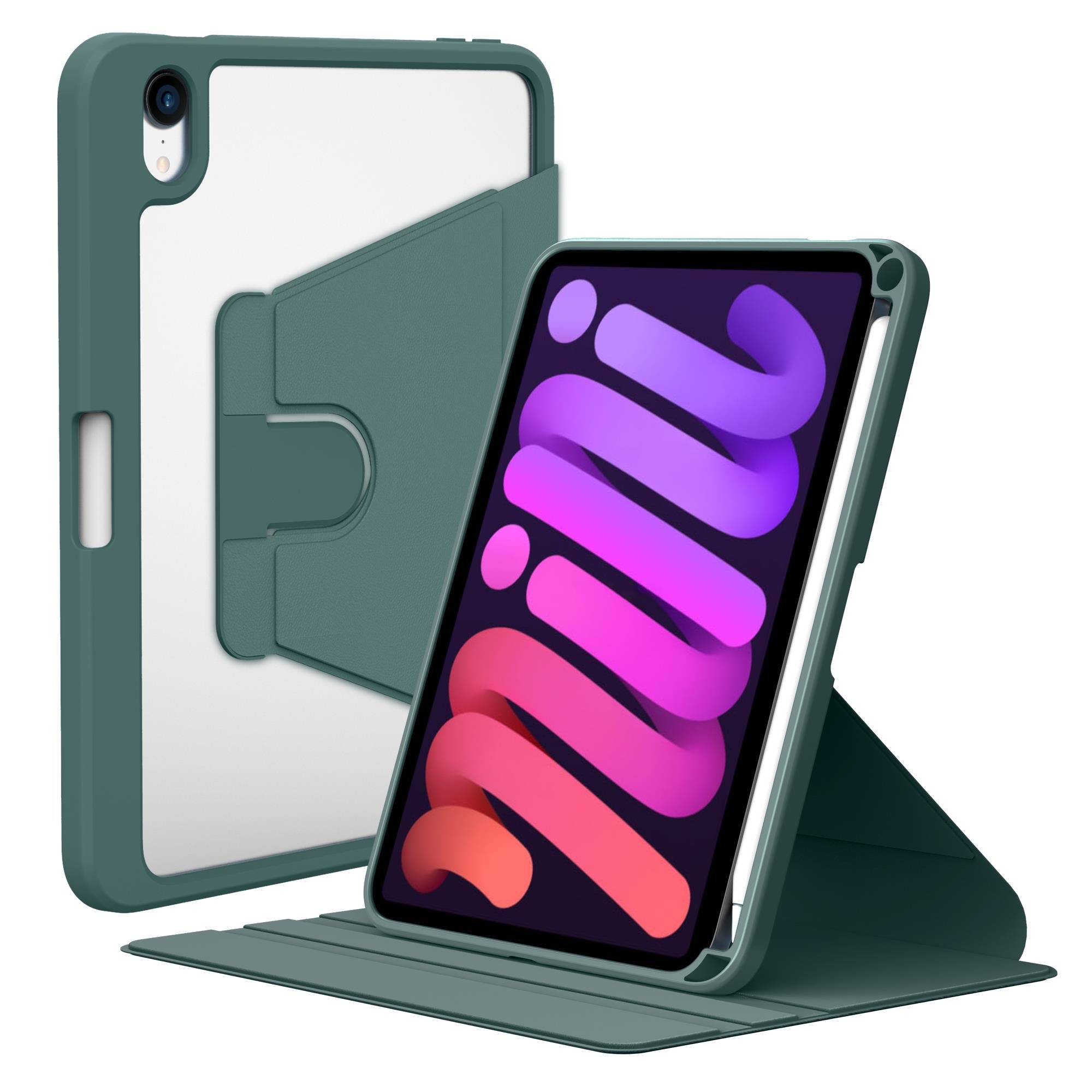 iPad Mini 7. Nesil 2024 Uyumlu Kılıf 360 Dönebilen Kalem Bölmeli Yatay Dikey Standlı Akıllı Kapak Koyu Yeşil