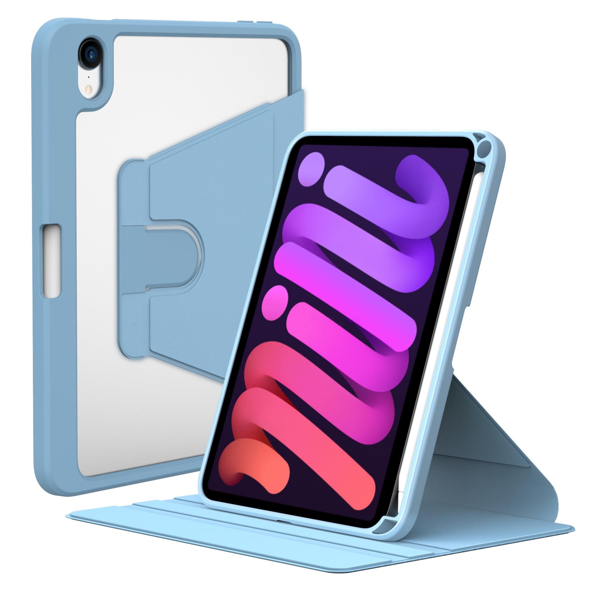 iPad Mini 7. Nesil 2024 Uyumlu Kılıf 360 Dönebilen Kalem Bölmeli Yatay Dikey Standlı Akıllı Kapak Mavi