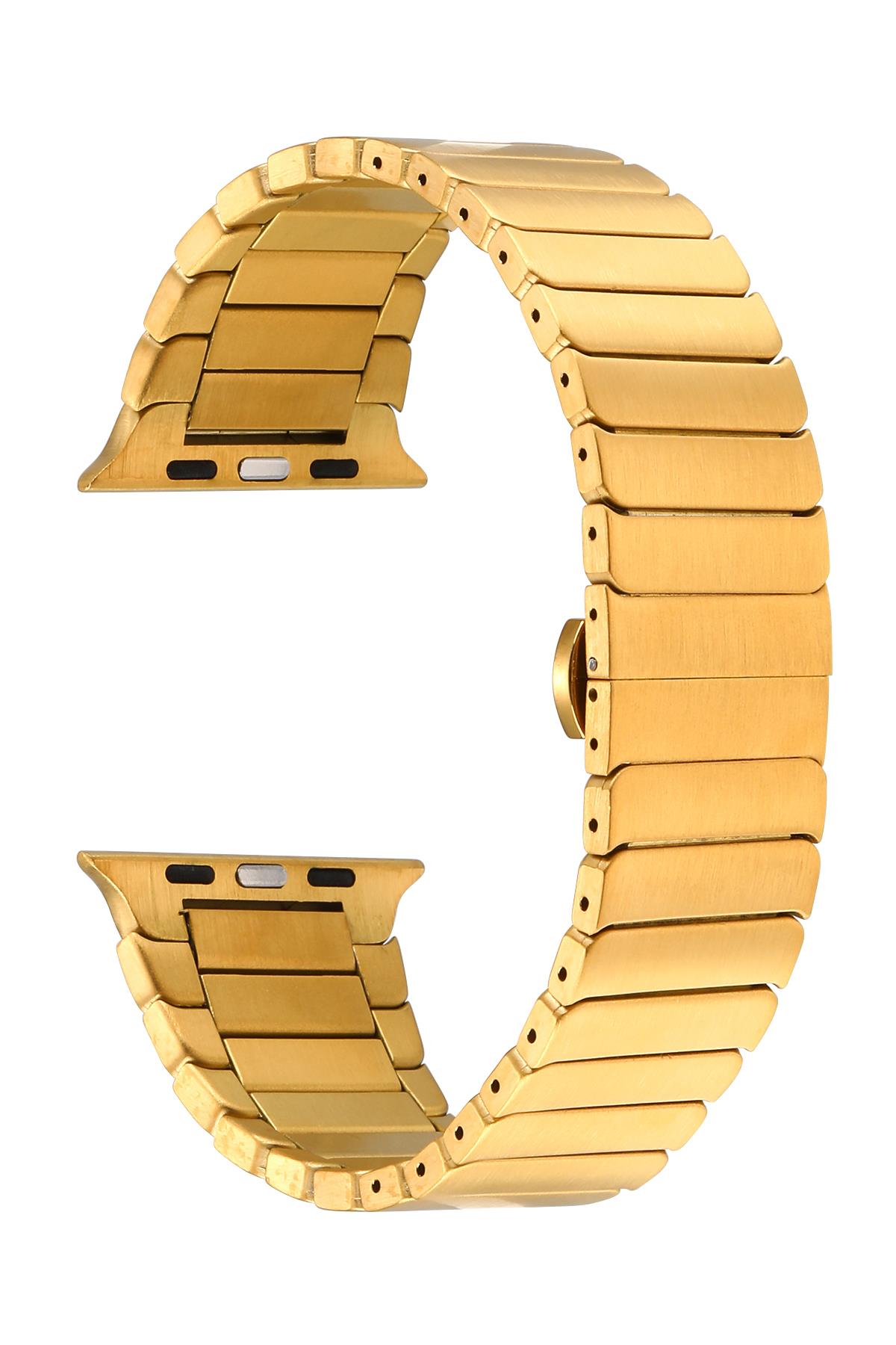 Apple Watch 7 6 SE 5 4 3 2 1 - 41 / 40 / 38 mm uyumlu Metal Kordon Baklalı Model Bilezik Çelik Kayış Gold