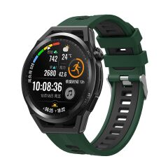 Samsung Galaxy Watch 3 45 mm Uyumlu Silikon Kordon Çizgili Spor Tasarım Renkli Delikli Spor Kayış Yeşil - Siyah