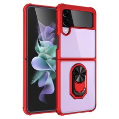 Samsung Galaxy Z Flip 3 Kılıf Arkası Şeffaf Kapak Metal Yüzüklü Tam Uyumlu Standlı Üstün Koruma