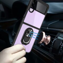 Samsung Galaxy Z Flip 3 Kılıf Arkası Şeffaf Kapak Metal Yüzüklü Tam Uyumlu Standlı Üstün Koruma