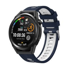 Samsung Galaxy Watch 4 Classic 42 / 46 mm Uyumlu Silikon Kordon Çizgili Spor Tasarım Delikli Kayış Lacivert - Beyaz
