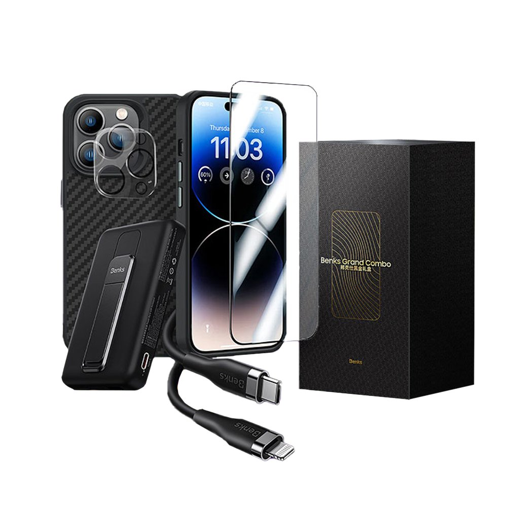 Apple iPhone 14 Pro Max Benks Grand Combo New 5in1 Aksesuar Seti Kılıf-Ekran Koruyucu-Lens Koruyucu-Kablo-Powerbank Siyah