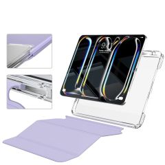 iPad Pro 11 M4 2024 uyumlu Sürgülü Kapaklı Kılıf Kalem Bölmeli Standlı Mıknatıslı Ayrılabilen Kapak Levander Gray