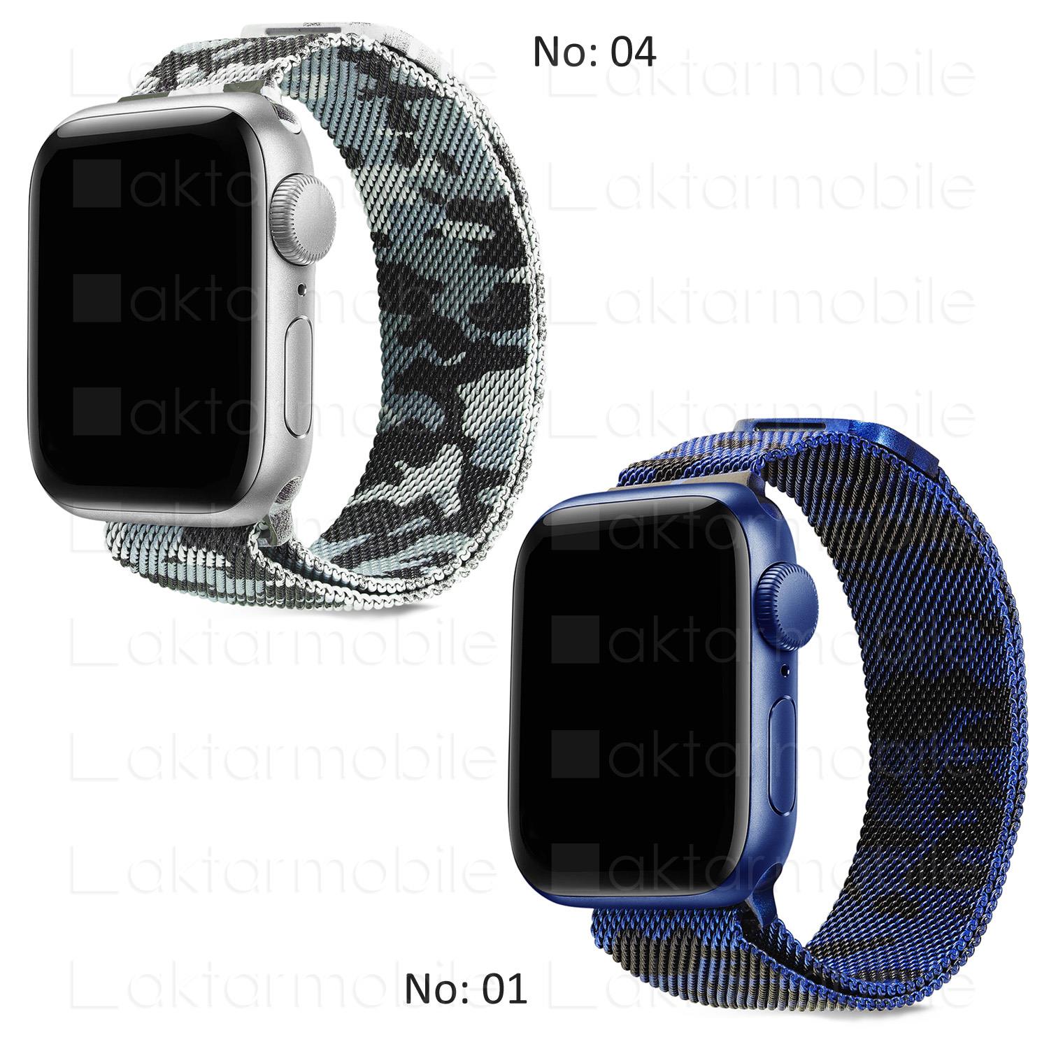 Apple Watch Hasır Metal Kordon Kamuflaj Desenli Milanese Kayış