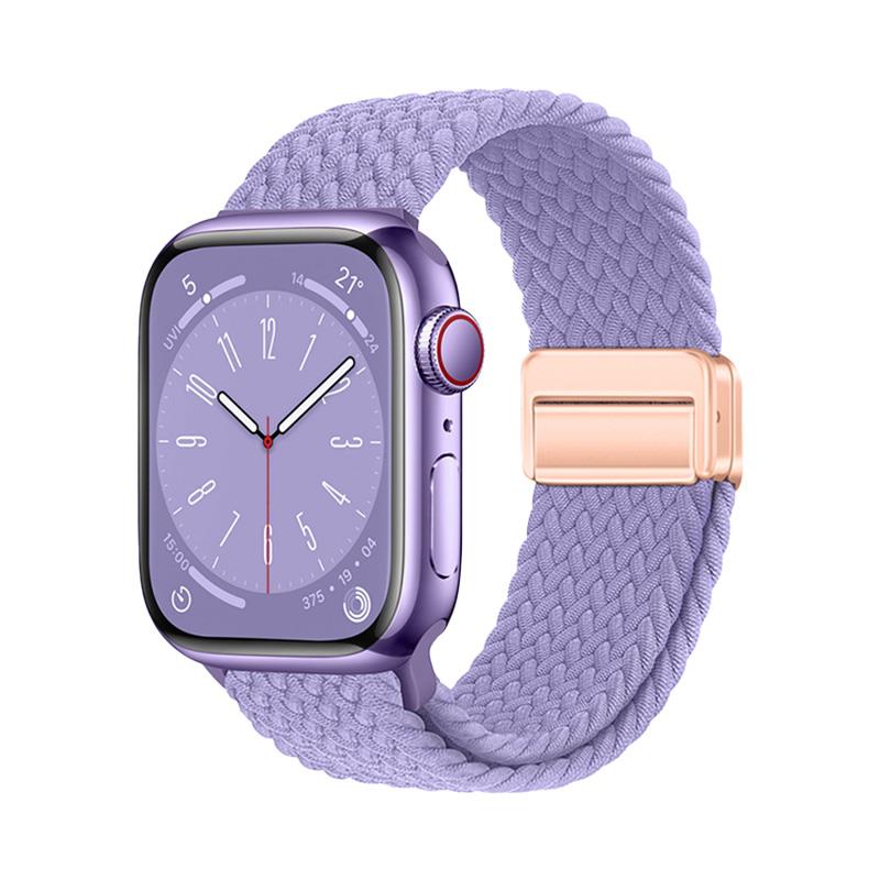 Apple Watch 10 46 mm uyumlu Örgü Kordon Magnetik D Tokalı Kayış Mıknatıslı Metal Toka Lila