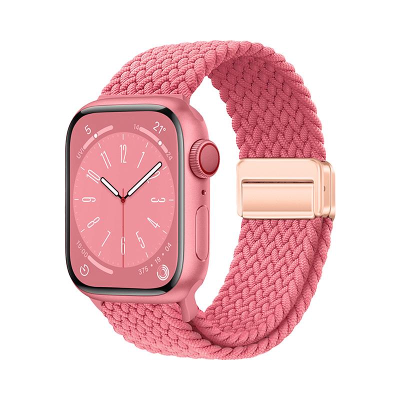 Apple Watch 10 46 mm uyumlu Örgü Kordon Magnetik D Tokalı Kayış Mıknatıslı Metal Toka Pembe