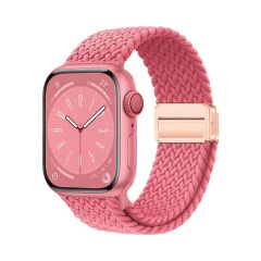 Apple Watch 10 46 mm uyumlu Örgü Kordon Magnetik D Tokalı Kayış Mıknatıslı Metal Toka Pembe