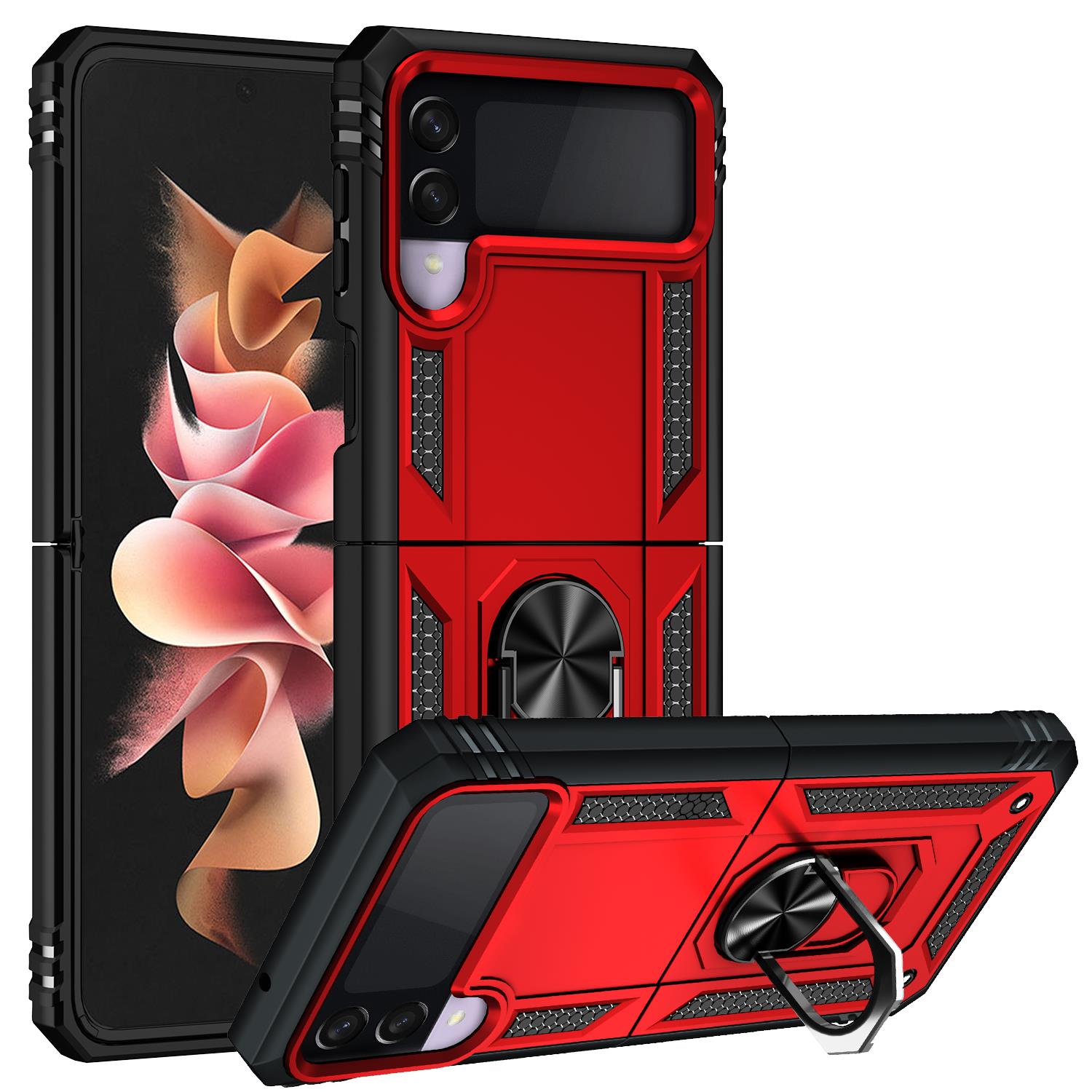 Samsung Galaxy Z Flip 3 Kılıf Metal Yüzüklü Silikon Kapak Tam Uyumlu Standlı Ultra Üstün Koruma Kırmızı