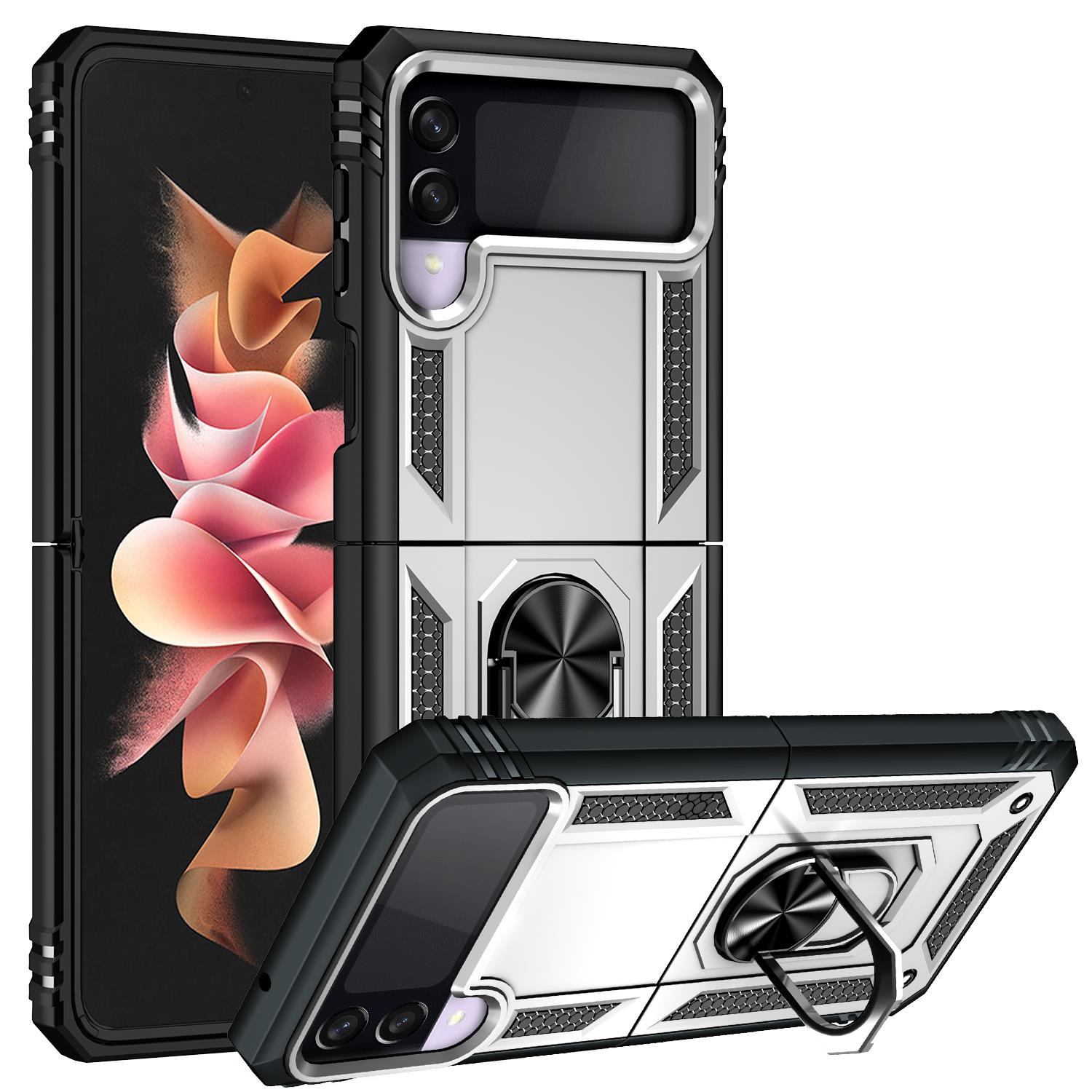 Samsung Galaxy Z Flip 3 Kılıf Metal Yüzüklü Silikon Kapak Tam Uyumlu Standlı Ultra Üstün Koruma Gri