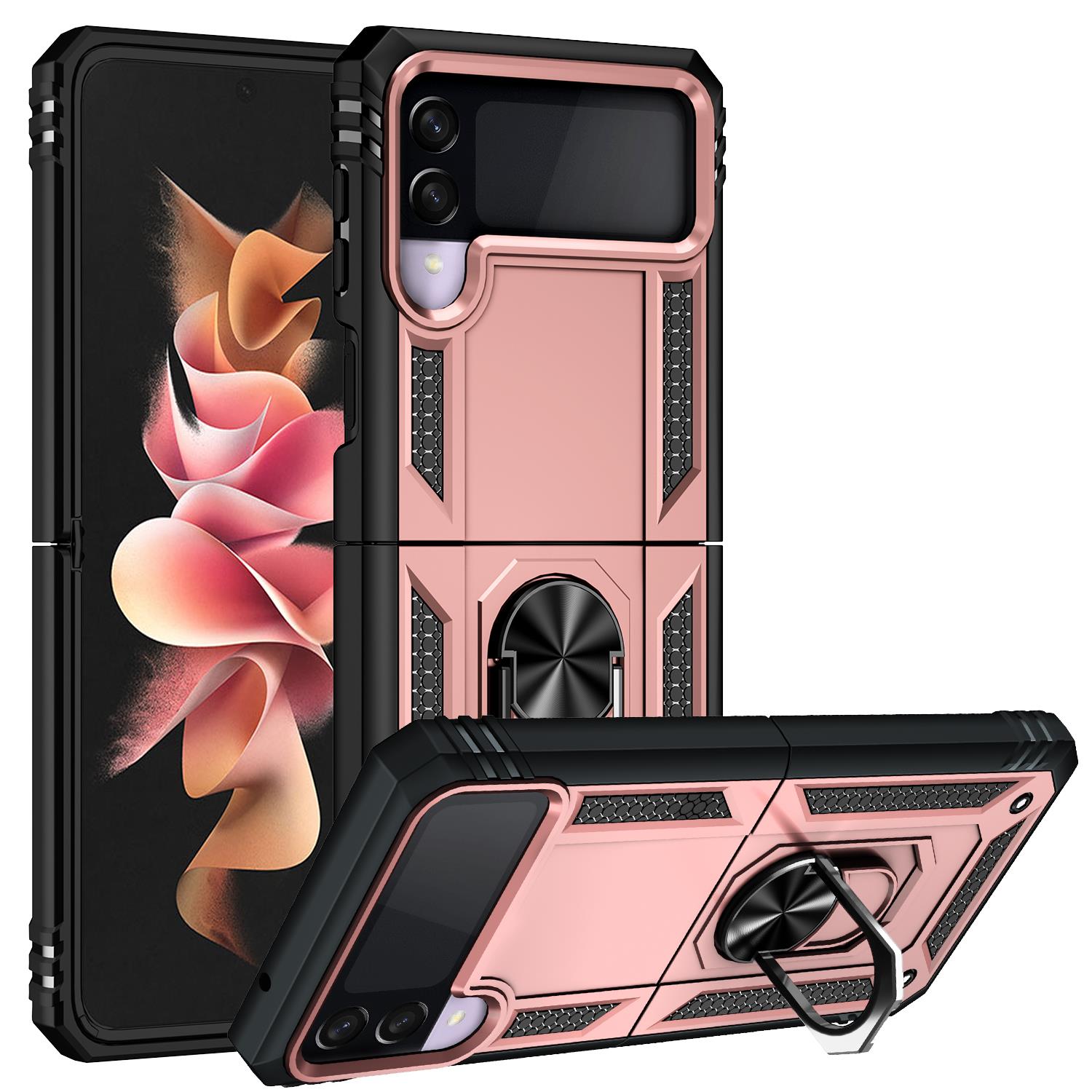Samsung Galaxy Z Flip 3 Kılıf Metal Yüzüklü Silikon Kapak Tam Uyumlu Standlı Ultra Üstün Koruma Rose Gold