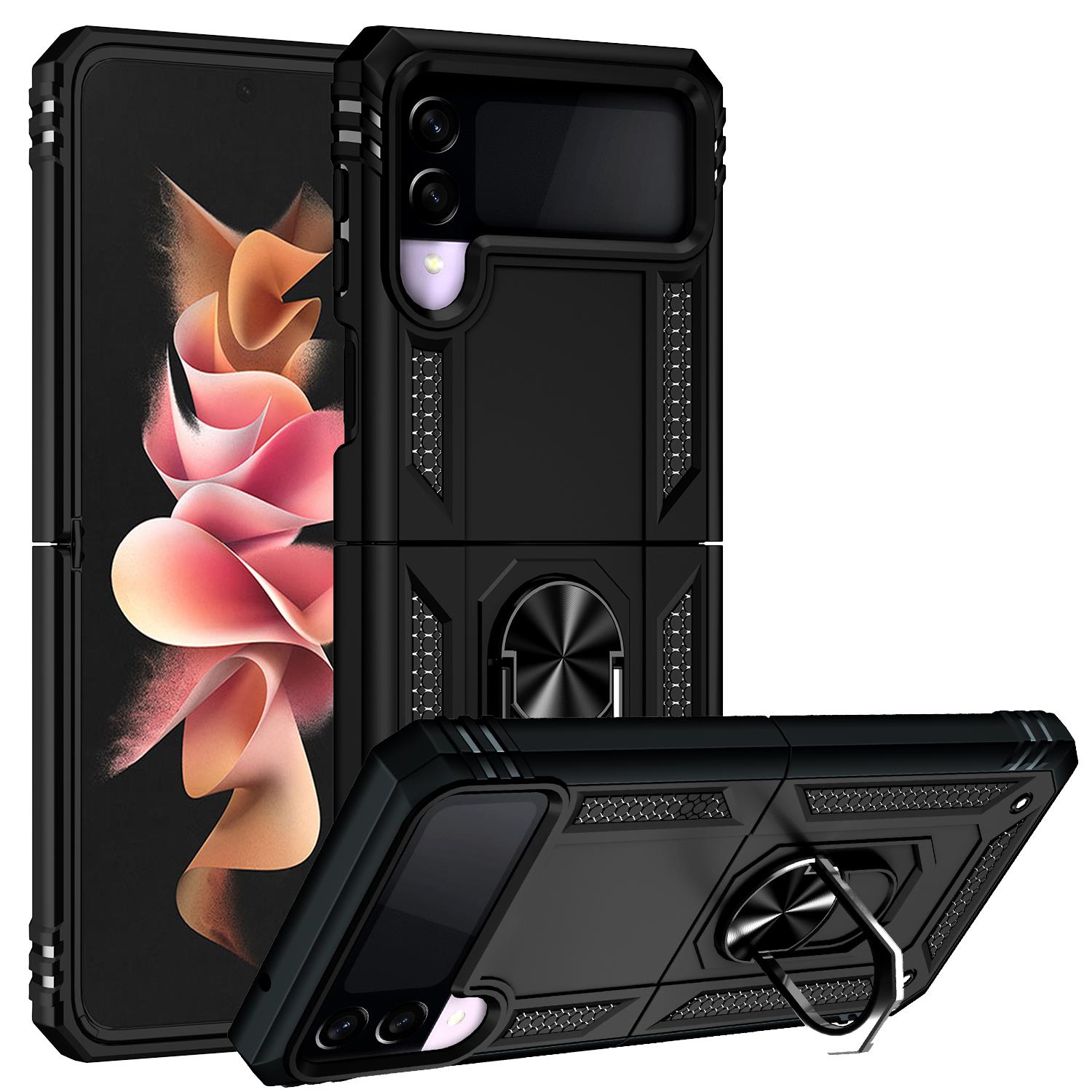 Samsung Galaxy Z Flip 3 Kılıf Metal Yüzüklü Silikon Kapak Tam Uyumlu Standlı Ultra Üstün Koruma Siyah