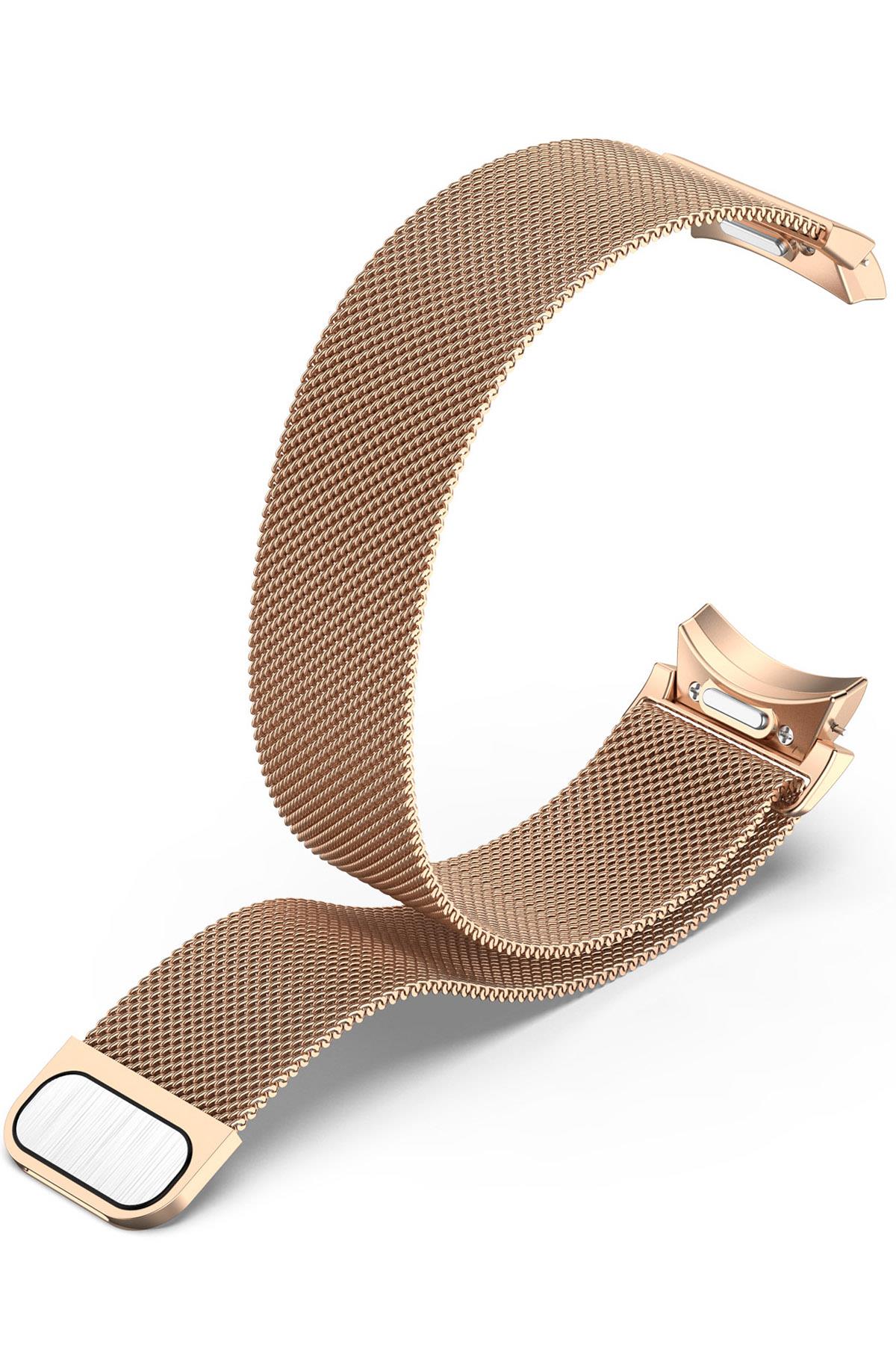 Galaxy Watch 4 40 / 44 mm Tam Uyumlu Mıknatıslı Hasır Metal Örgü Kordon Kayış Orijinal Pim Rose Gold