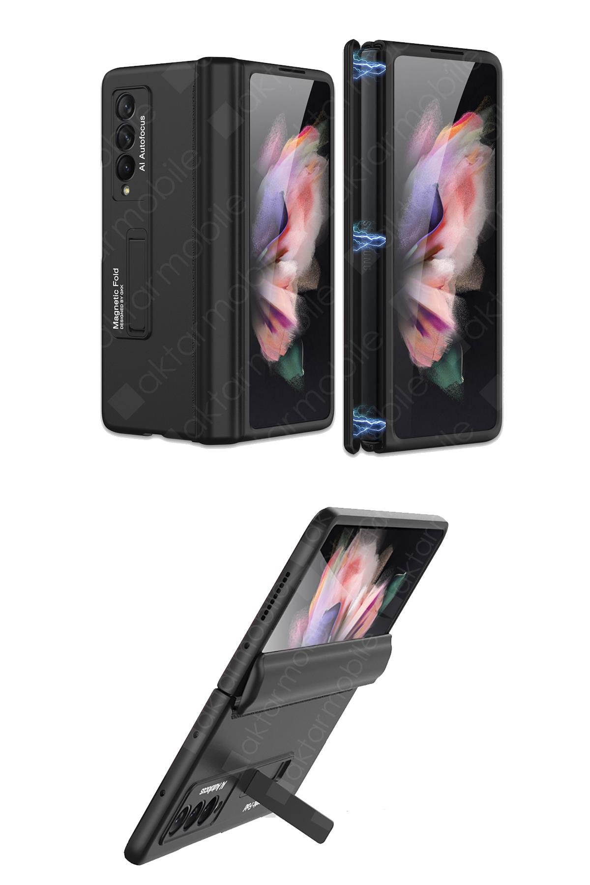 Samsung Galaxy Z Fold 3 Kılıf Magnetik Menteşe Korumalı Kick Standlı Premium Kapak Oleofobik Kaplama