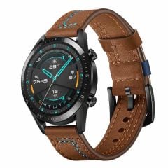 Huawei Watch GT 2 46 mm Uyumlu Deri Kordon Spor Dikişli Deri Kayış Kahverengi