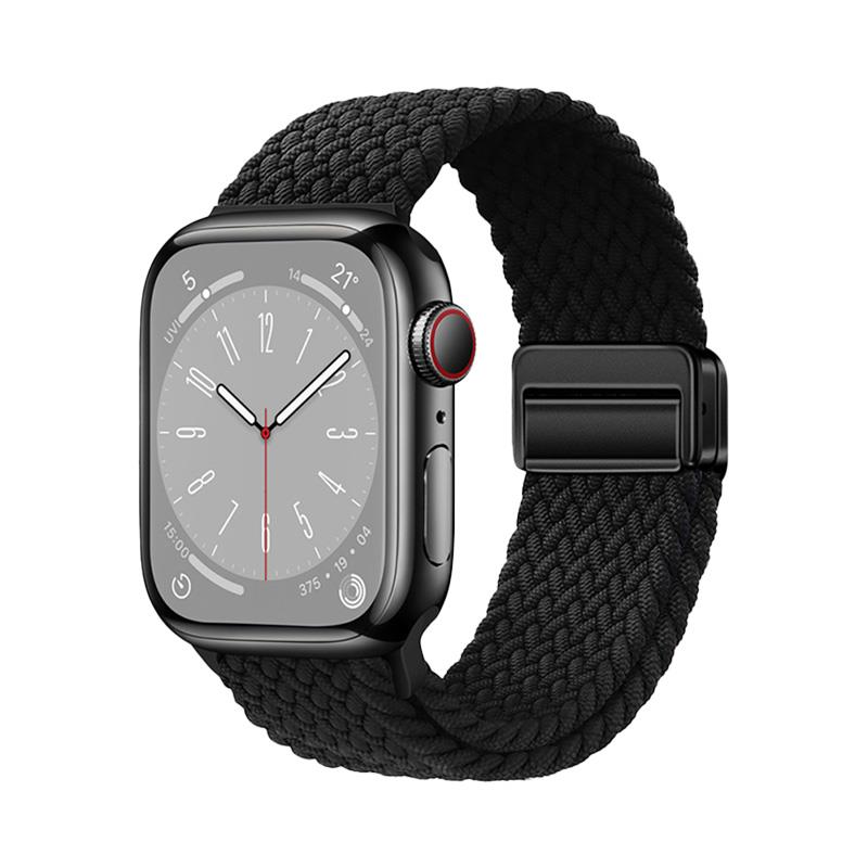 Apple Watch 10 42 mm uyumlu Örgü Kordon Magnetik D Tokalı Kayış Mıknatıslı Metal Toka Siyah