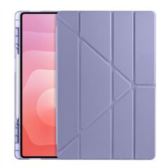 Galaxy Tab S11 Ultra 2025 14.6'' uyumlu Kılıf Kalem Bölmeli Tri Folding Standlı Arkası Silikon Kapak Levander Gray