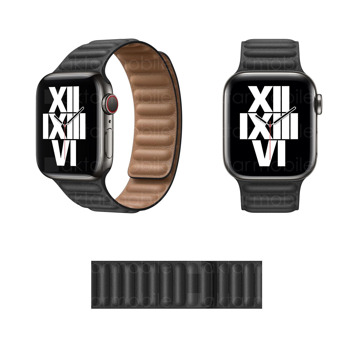 Apple Watch 42 mm 44 mm Uyumlu Baklalı Model Deri Kordon Mıknatıslı Deri Kayış Premium Siyah