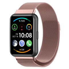 Huawei Watch Fit 2 Hasır Metal Kordon Tam Uyumlu Pim Tasarımı Mıknatıslı Tel Örgü Kayış Pembe