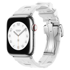 Apple Watch 7 8 9 41 mm Uyumlu Spor Silikon Kordon Hermes Kilim Motifli Kayış Katlanabilir Toka