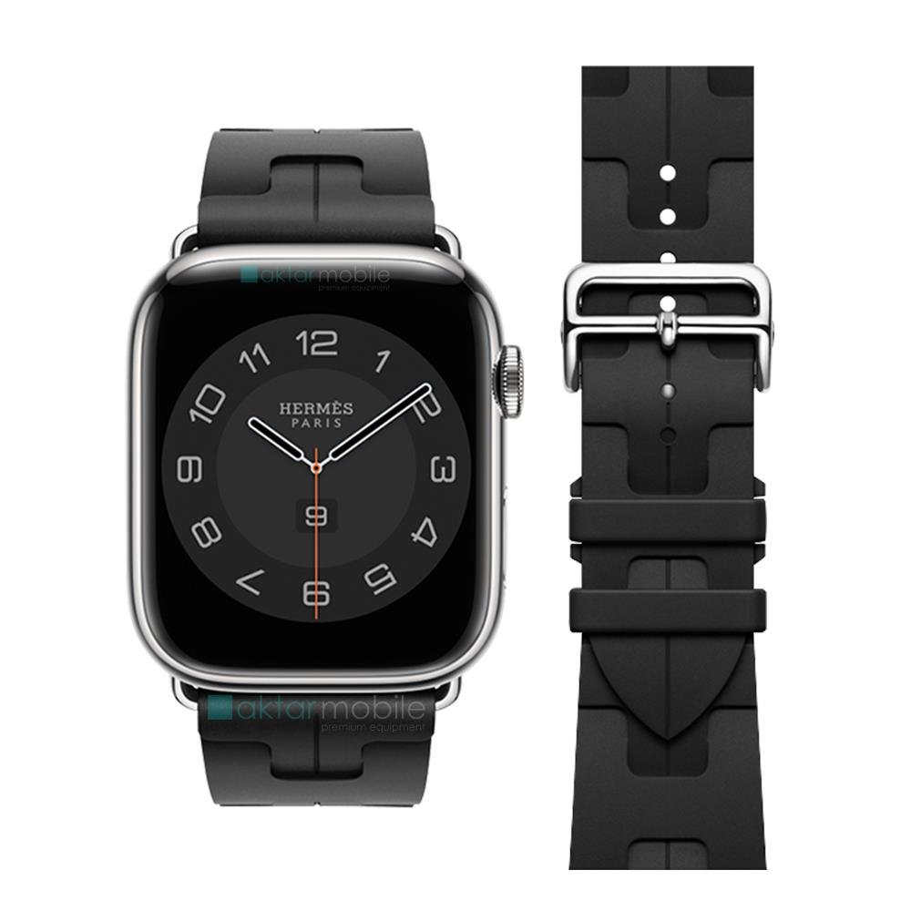 Apple Watch 7 8 9 41 mm Uyumlu Spor Silikon Kordon Hermes Kilim Motifli Kayış Katlanabilir Toka Siyah