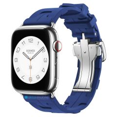 Apple Watch Ultra / Ultra 2 49 mm Uyumlu Spor Kordon Hermes Kilim Motifli Kayış Katlanabilir Toka Saks Mavi