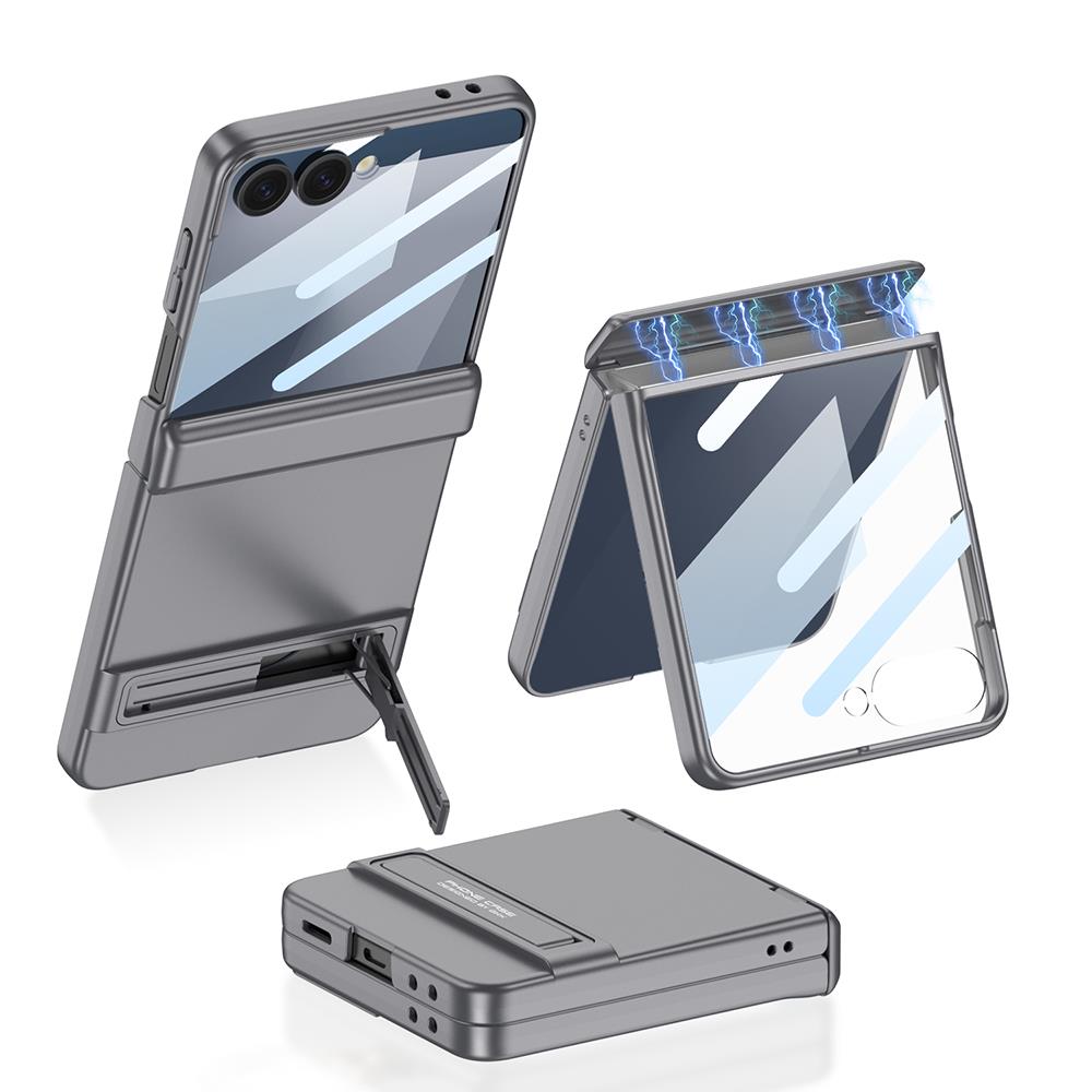 Galaxy Z Flip 7 uyumlu Kılıf Magnetik Menteşeli Kamera Korumalı Kick Standlı Premium Kapak Gri