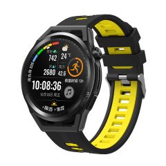 Huawei Watch GT 2 46 mm Uyumlu Silikon Kordon Çizgili Spor Tasarım Renkli Delikli Spor Kayış Siyah - Sarı